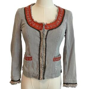 VINTAGE Free People Boho BlazerJacket Womens 0 Pinstripe Beaded Embellished